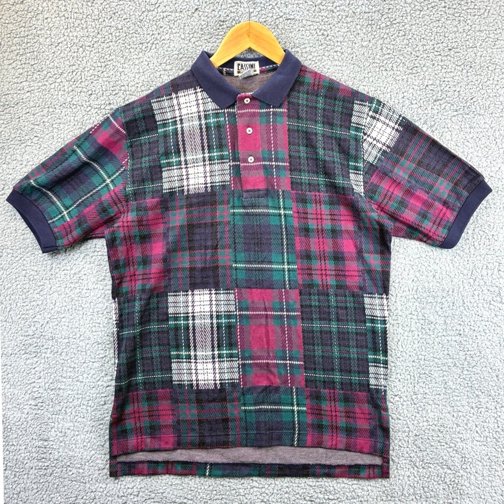 Cassini Polo Shirt Men's Medium Purple Green Patchwork Plaid Vintage Casual